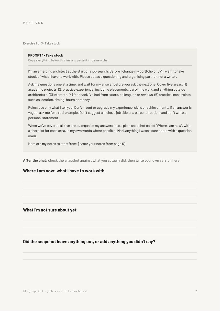 A workbook page with Prompt 1, Take stock, in a box to copy into a chat assistant, then space to write where you are now, what you're not sure about yet and what the snapshot left out