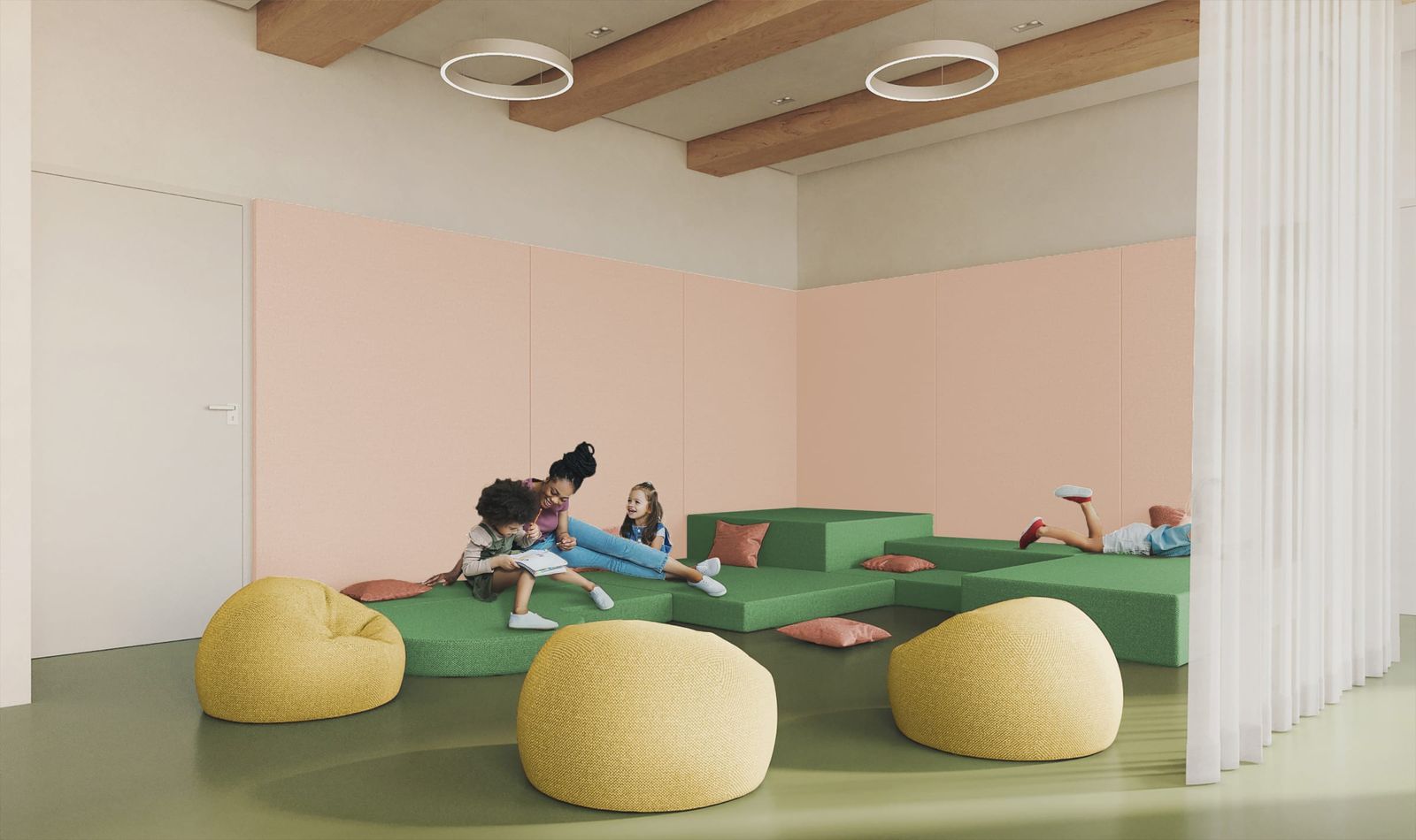 Visualisation of a quiet room at the Sophienschule campus, with children resting on cushions and beanbags