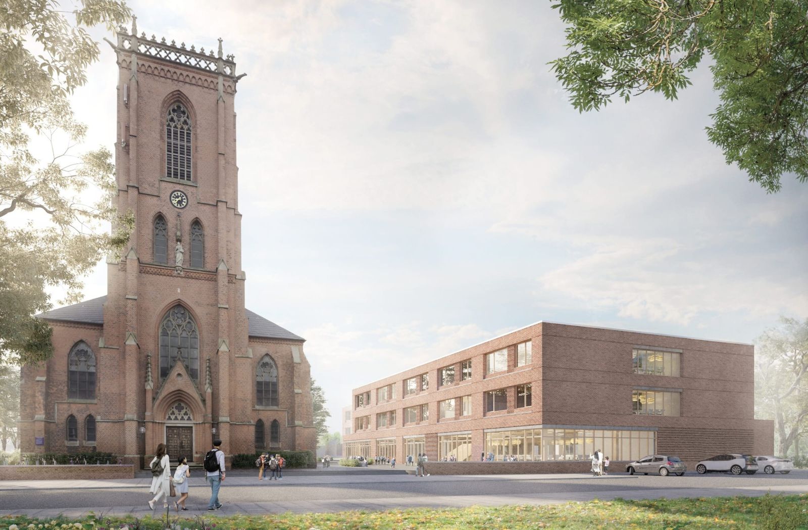Visualisation of the Sophienschule and Kita St. Sophien campus in Hamburg, a brick school building beside the church